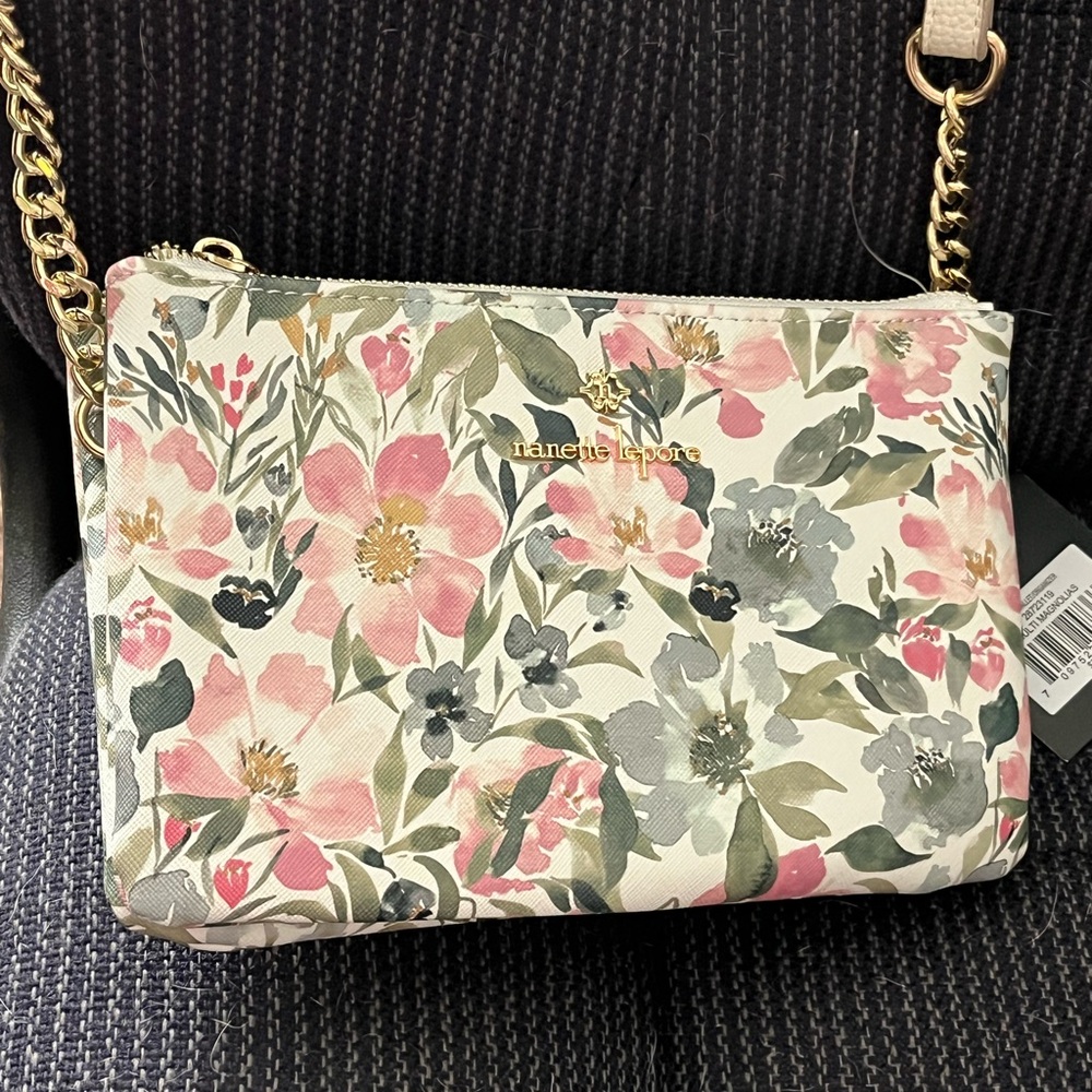 Nanette Lepore Pink and Green Floral Crossbody Bag with Gold Chain